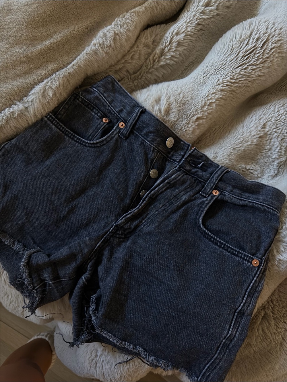 Free People Black High-Rise Button-Front Denim Shorts